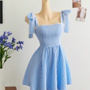 SHEIN Blue Gingham Tie-Strap Mini Dress